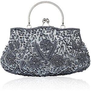 Beaded Sequin Design Flower Evening Purse Large Clutch Bag